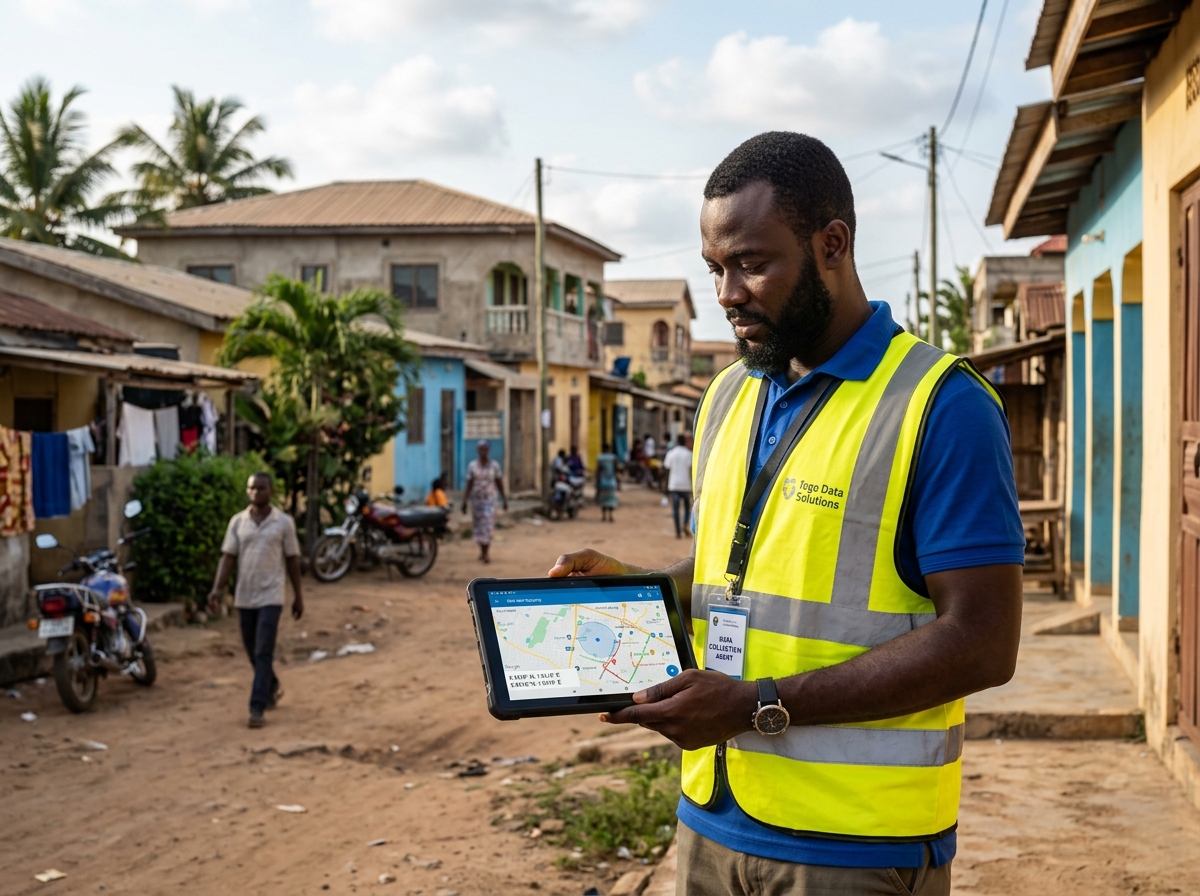 Agent de terrain validant des données sur tablette