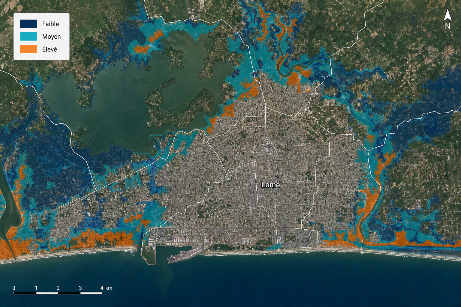 Carte des zones à risque d'inondation à Lomé, Togo